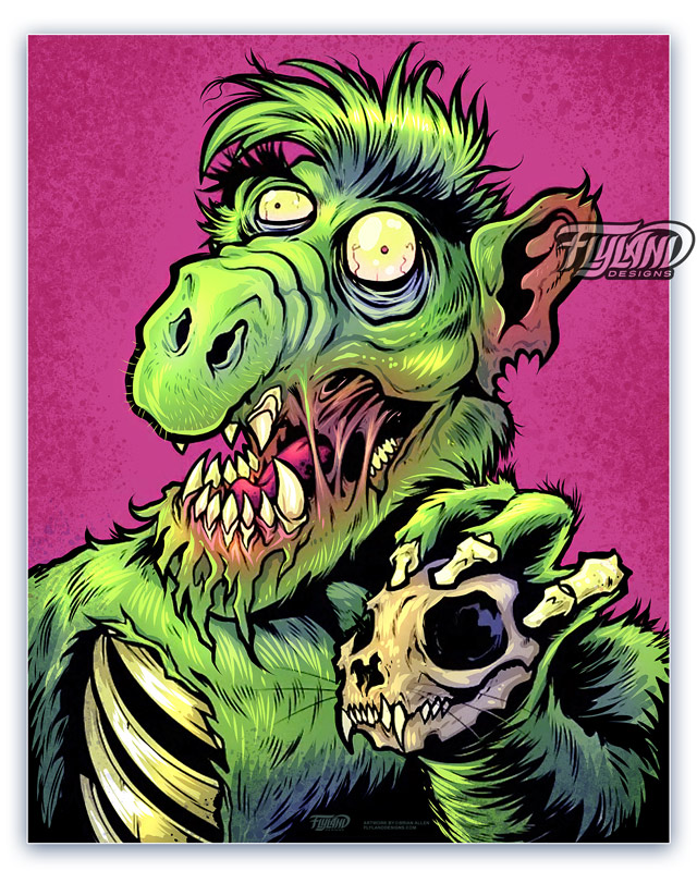 A full color illustration of Zombie Alf holding a skull.
