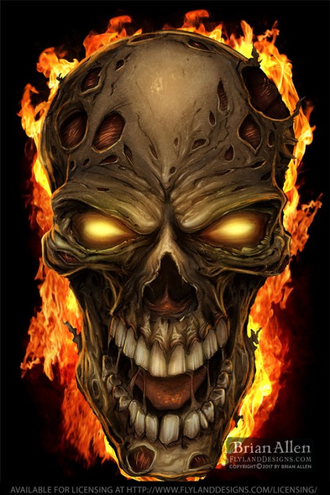 Zombie Fire Skull Zombie skull grinning on fire wi
